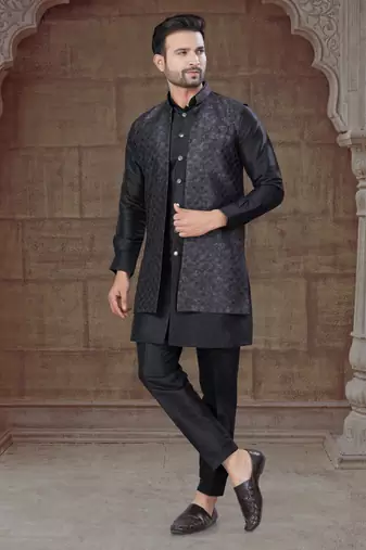Black Pure Silk jacquard designer indo western for mens