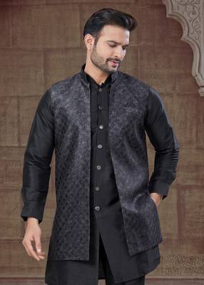 Black Pure Silk jacquard designer indo western for mens 3