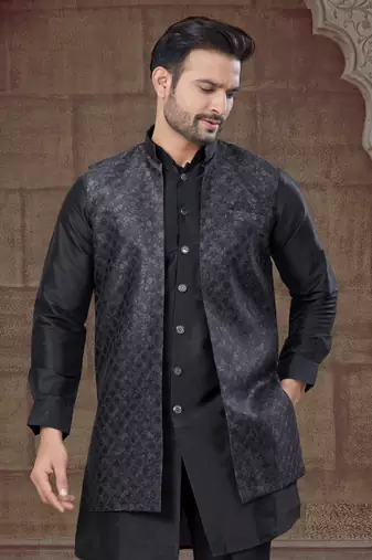 Black Pure Silk jacquard designer indo western for mens