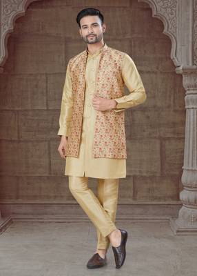 Light golden Pure Silk jacquard designer indo western for mens 1