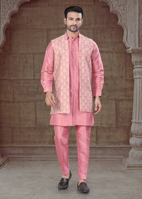 Pink Pure Silk jacquard designer indo western for mens 1