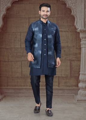 Navy blue Pure Silk jacquard designer indo western for mens 1
