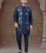 Navy blue Pure Silk jacquard designer indo western for mens