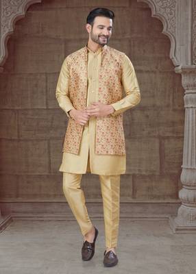 Light golden Pure Silk jacquard designer indo western for mens 2