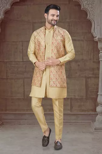 Light golden Pure Silk jacquard designer indo western for mens