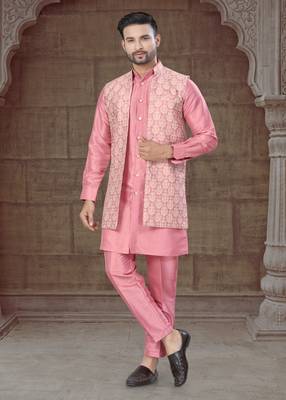 Pink Pure Silk jacquard designer indo western for mens 2