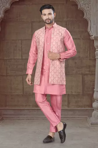 Pink Pure Silk jacquard designer indo western for mens