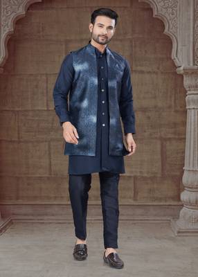 Navy blue Pure Silk jacquard designer indo western for mens 2