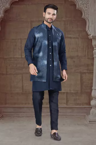 Navy blue Pure Silk jacquard designer indo western for mens