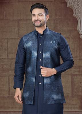 Navy blue Pure Silk jacquard designer indo western for mens 3