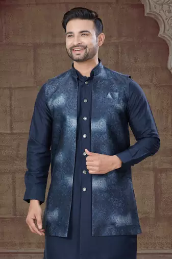 Navy blue Pure Silk jacquard designer indo western for mens