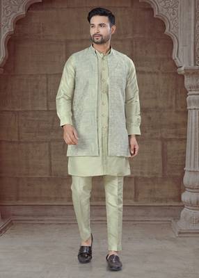 Pista Green jacquard Pure Silk designer indo western for mens 1