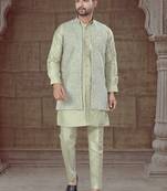 Pista Green jacquard Pure Silk designer indo western for mens