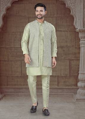 Pista Green jacquard Pure Silk designer indo western for mens 2