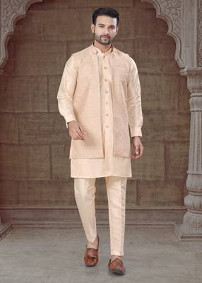 Cream Pure Silk jacquard designer indo western for mens 1