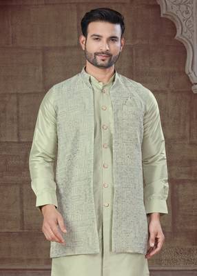 Pista Green jacquard Pure Silk designer indo western for mens 3