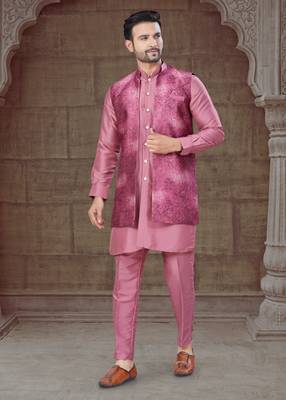 Pink Pure Silk jacquard designer indo western for mens 2
