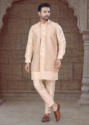 Cream Pure Silk jacquard designer indo western for mens 2