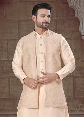 Cream Pure Silk jacquard designer indo western for mens 3