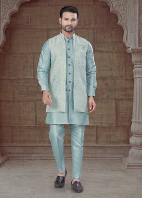 sky blue pure silk jacquard jacket with kurta and pyjama set 1