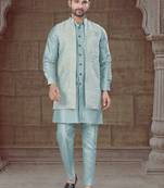 sky blue pure silk jacquard jacket with kurta and pyjama set