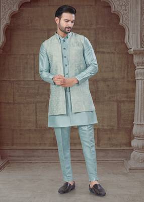 sky blue pure silk jacquard jacket with kurta and pyjama set 2