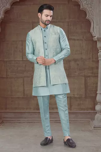 sky blue pure silk jacquard jacket with kurta and pyjama set