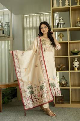  Viscose Assam Silk Embroidered Straight Kurta with Pant And Dupatta Set 1