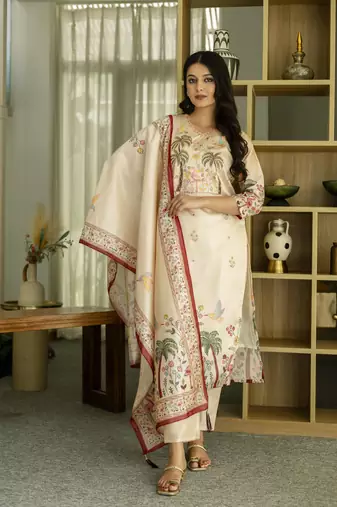 Viscose Assam Silk Embroidered Straight Kurta with Pant And Dupatta Set