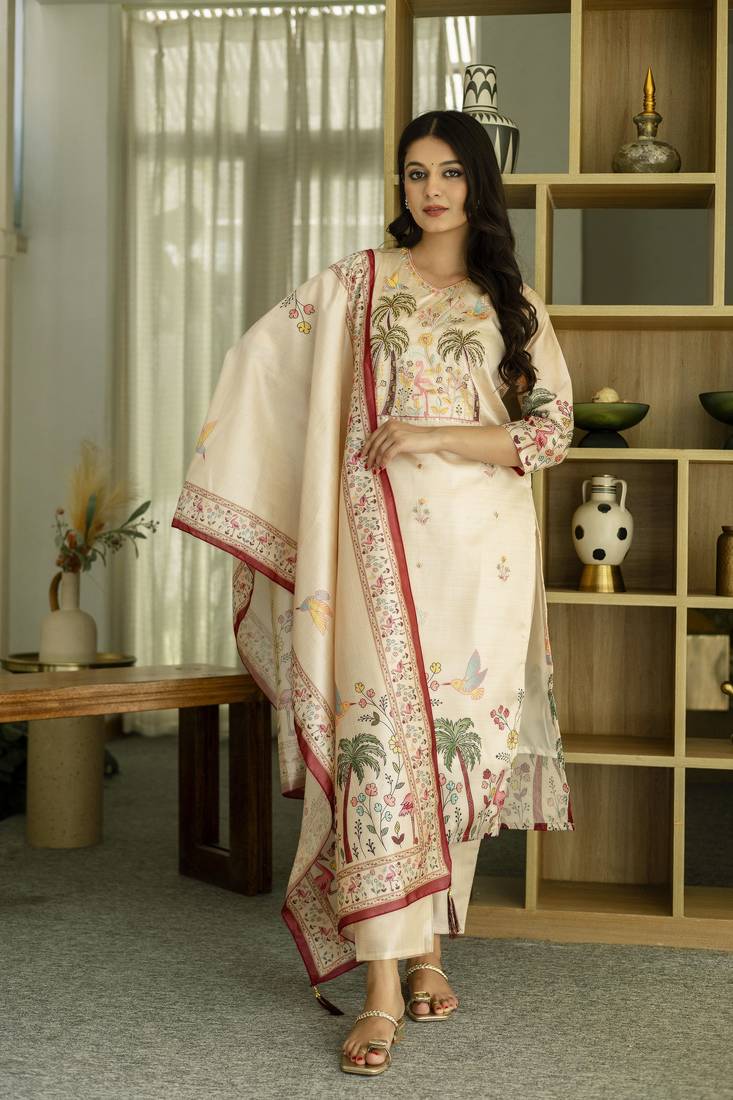 Women's Beautiful Viscose Assam Silk Embroidered Straight Kurta with Pant And Dupatta Set