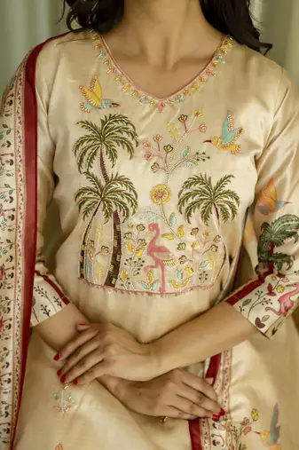  Viscose Assam Silk Embroidered Straight Kurta with Pant And Dupatta Set