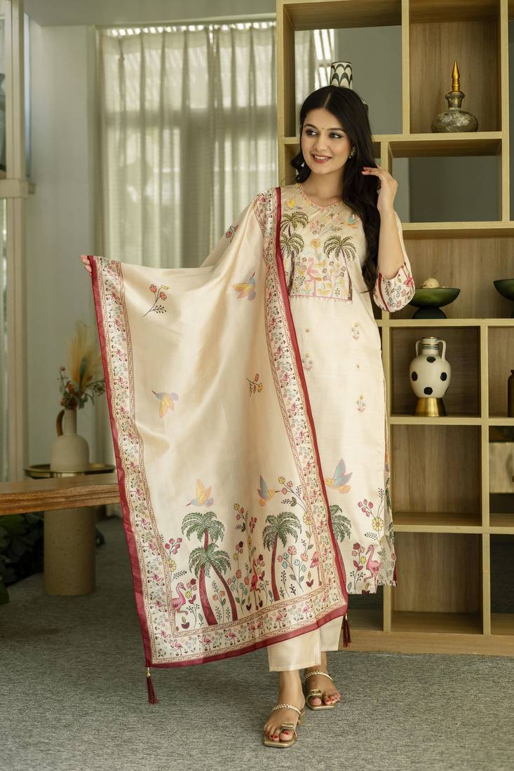 Women's Beautiful Viscose Assam Silk Embroidered Straight Kurta with Pant And Dupatta Set