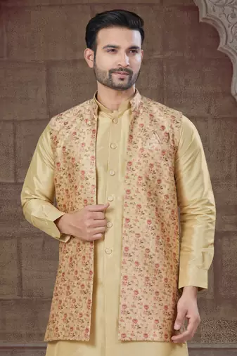 Light golden Pure Silk jacquard designer indo western for mens