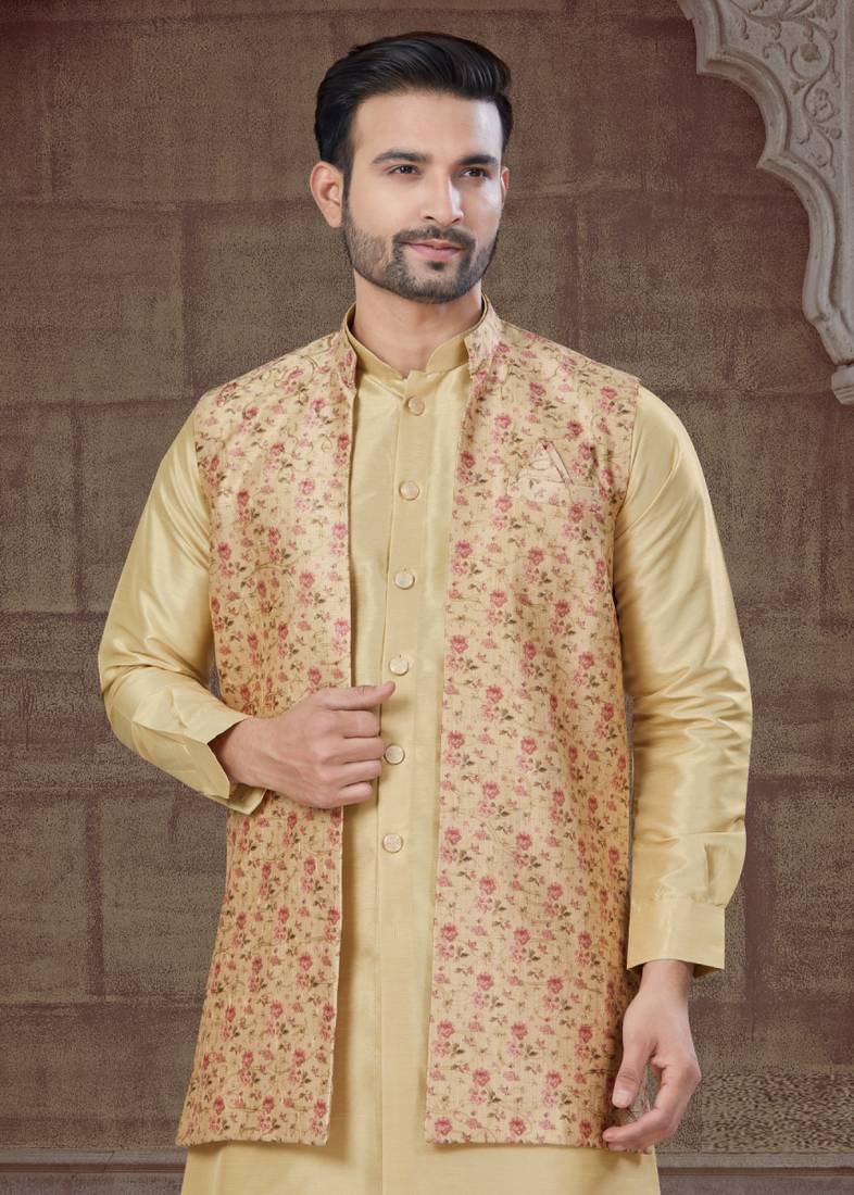 Light golden Pure Silk jacquard designer indo western for mens
