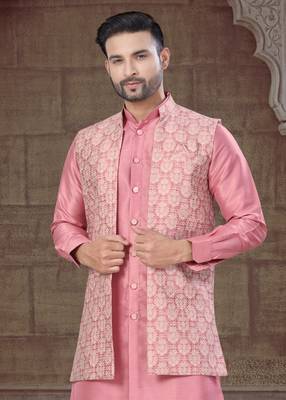 Pink Pure Silk jacquard designer indo western for mens 3