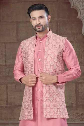 Pink Pure Silk jacquard designer indo western for mens