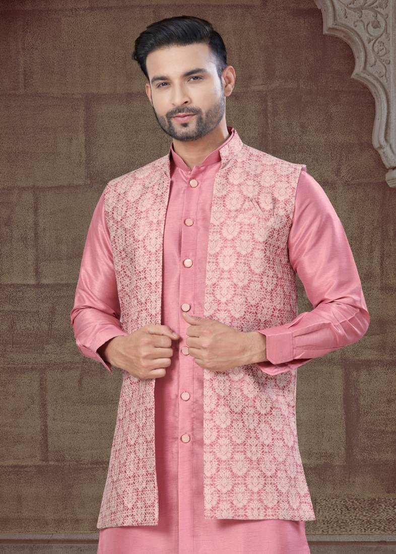 Pink Pure Silk jacquard designer indo western for mens