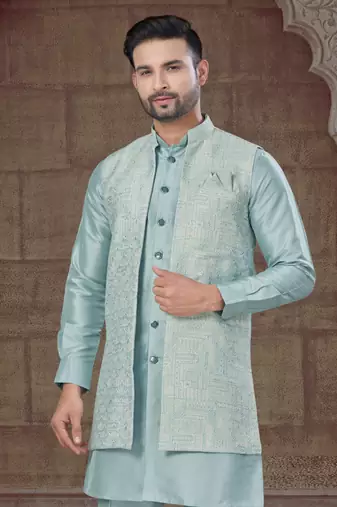 sky blue pure silk jacquard jacket with kurta and pyjama set
