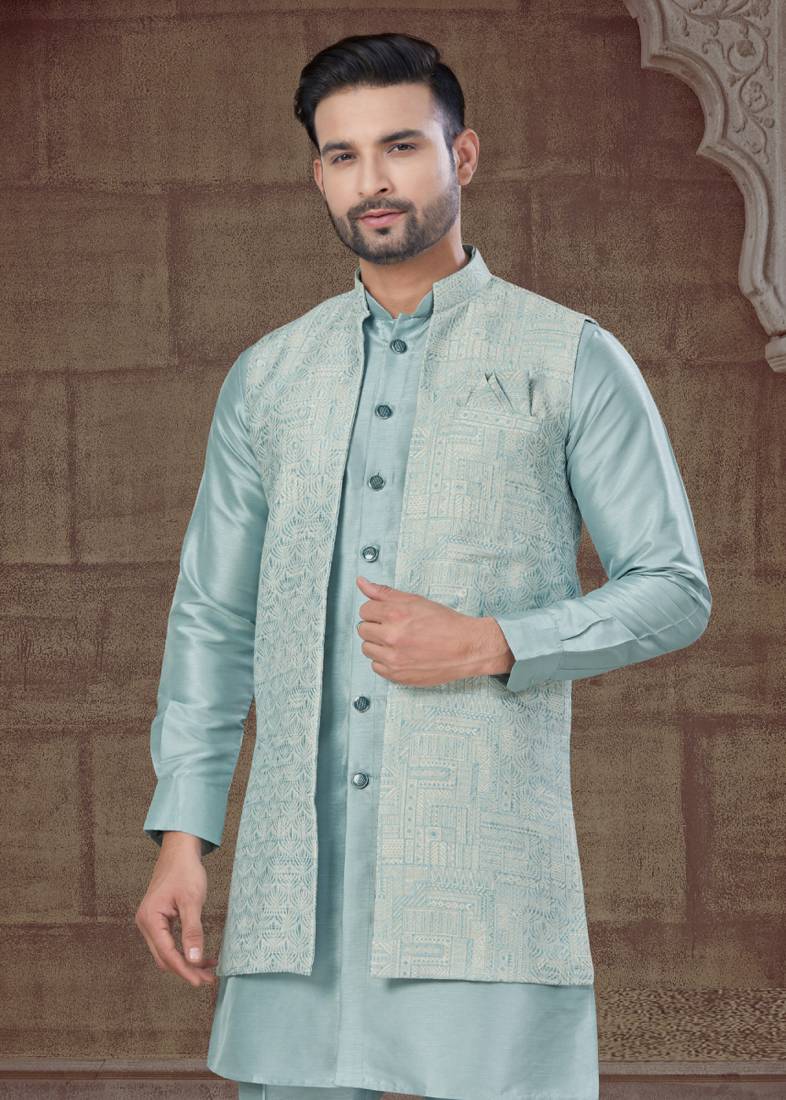 sky blue pure silk jacquard jacket with kurta and pyjama set
