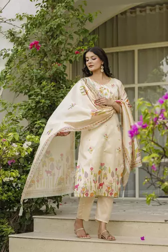  Viscose Assam Silk Embroidered Straight Kurta with Pant And Dupatta Set