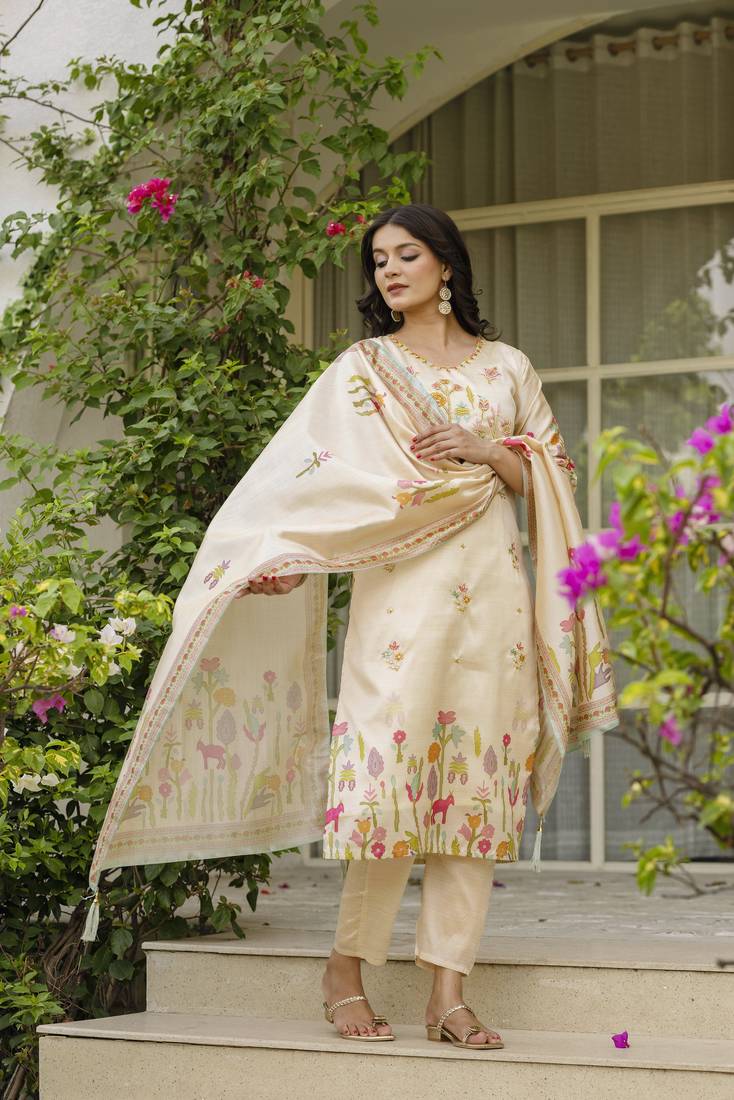 Women's Beautiful Viscose Assam Silk Embroidered Straight Kurta with Pant And Dupatta Set