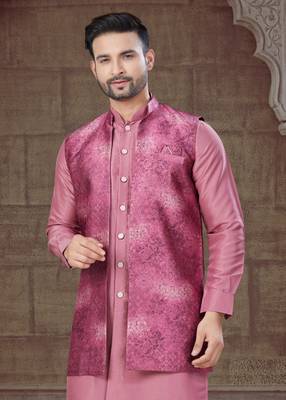 Pink Pure Silk jacquard designer indo western for mens 3