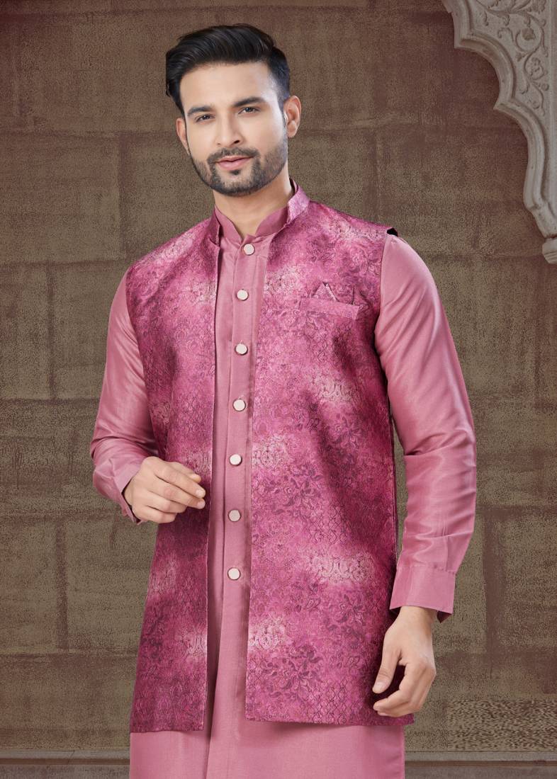 Pink Pure Silk jacquard designer indo western for mens
