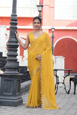 Georgette yellow mirror work embellished sarees 1