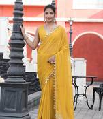 Georgette yellow mirror work embellished sarees