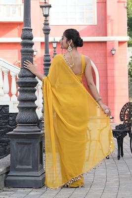 Georgette yellow mirror work embellished sarees 2