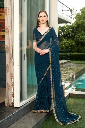 Georgette teal decorative stones embellished sarees