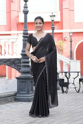 Silk blend black solid embellished stone work sarees 1