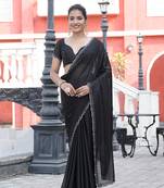 Silk blend black solid embellished stone work sarees