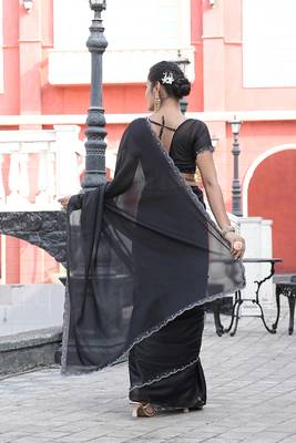 Silk blend black solid embellished stone work sarees 2